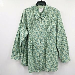 TwoTwenty Women's Size 2XL Pleated Button Front Long Sleeve Floral Green Shirt